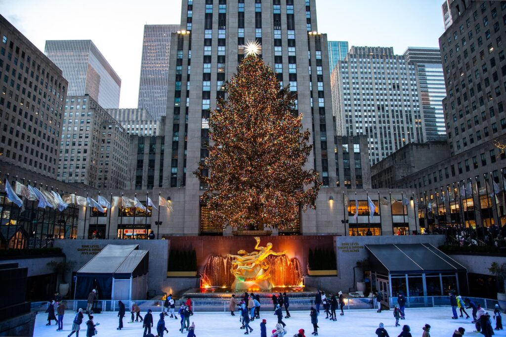 a large christmas tree in Rockefeller square