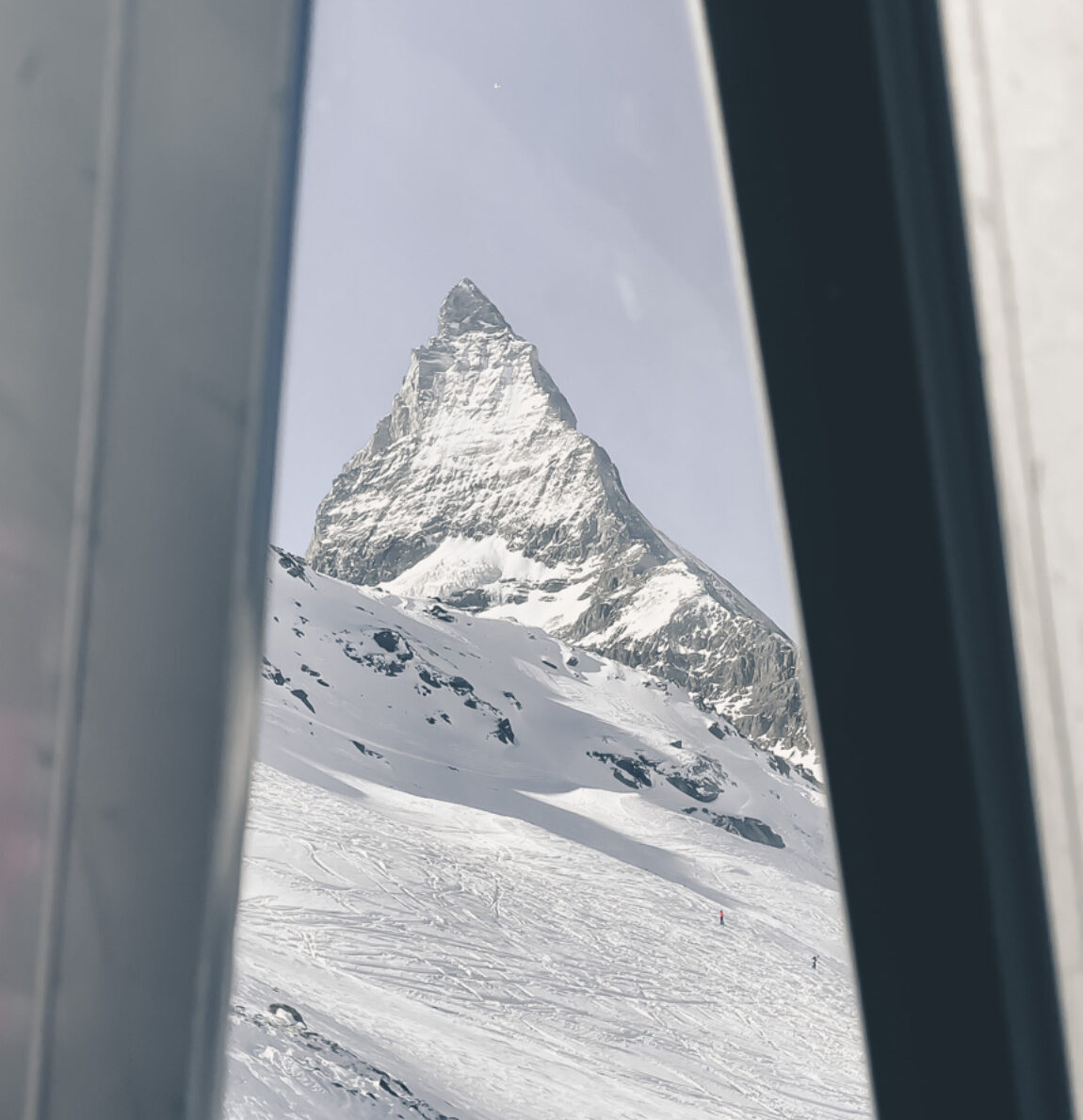 the matterhorn viewed through a gondola window