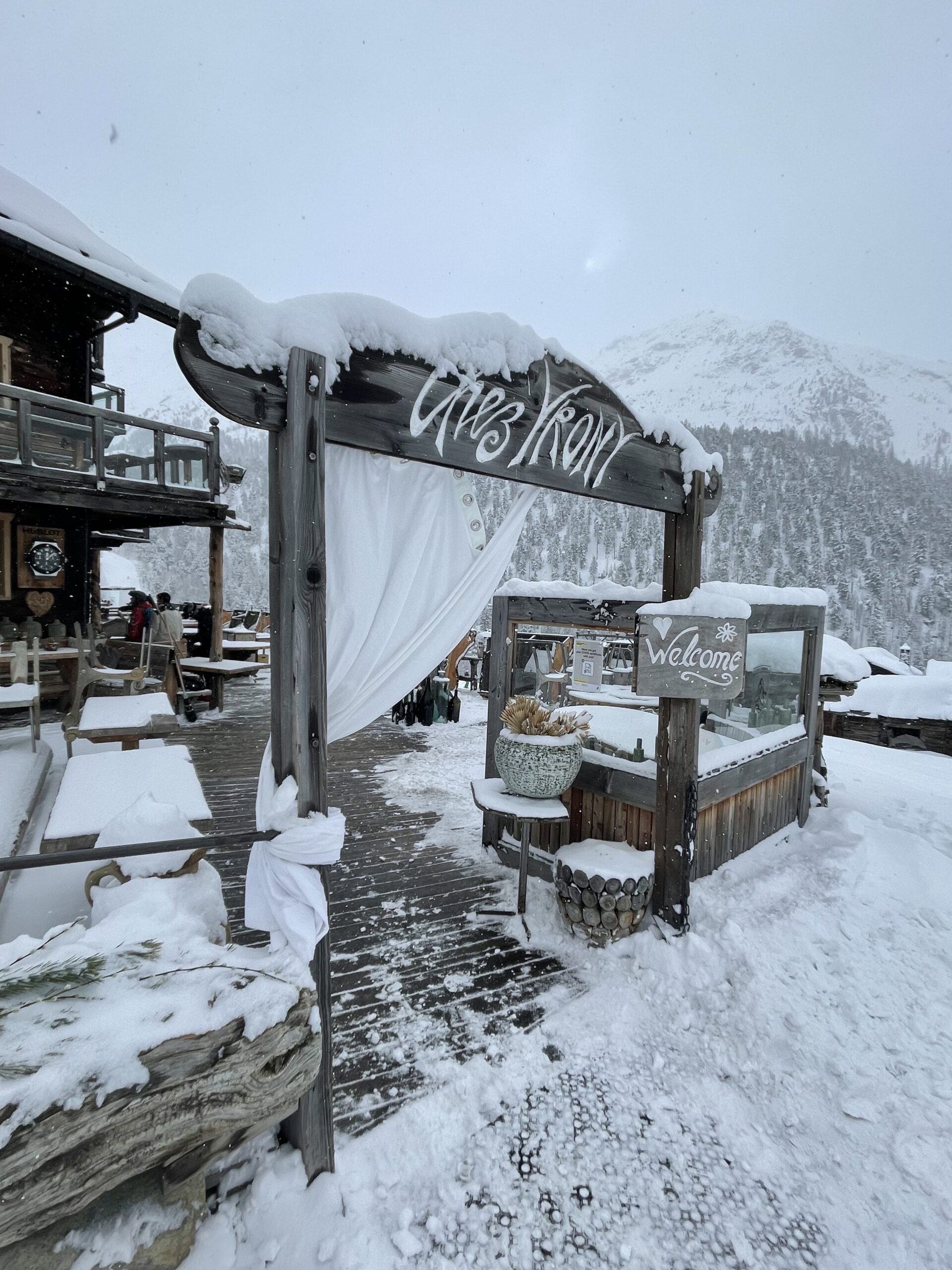 entrance to chez vrony on a snowy day