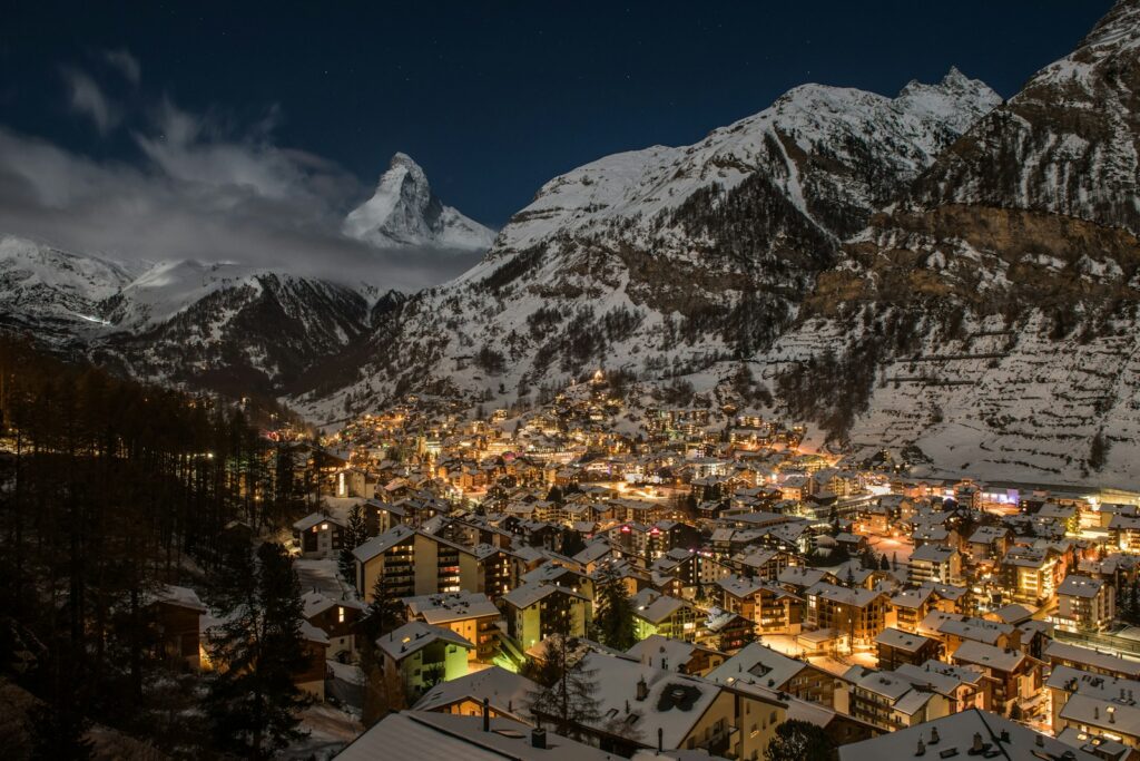 Zermatt Switzerland village in the middle of a snowy mountain range